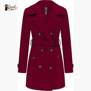 Double Breasted Pea Coat with Belt, Windproof Polyester, Slim Fit